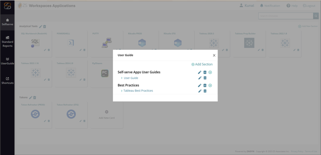 Custom Amazon WorkSpaces applications UI showing contextual based user guides.