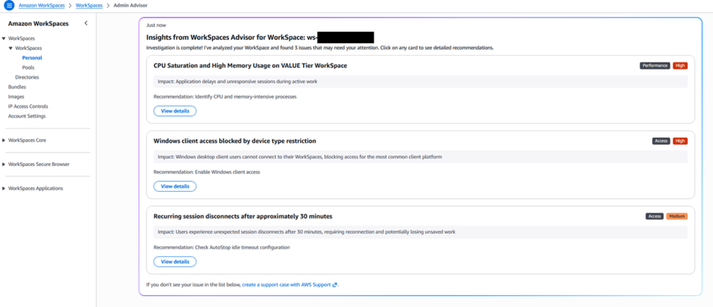Figure 6: List of insights from WorkSpaces Advisor