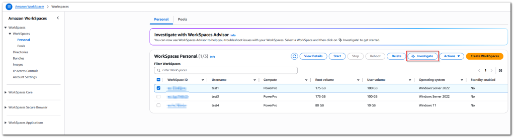 WorkSpaces Console Screen