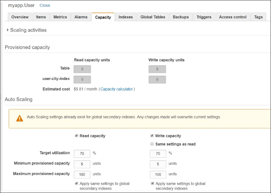 Screenshot of the Capacity tab with details about the auto scaling configuration