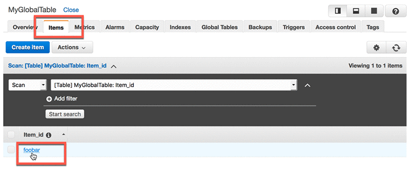 Verify that the item has been saved in the table by choosing the Items tab