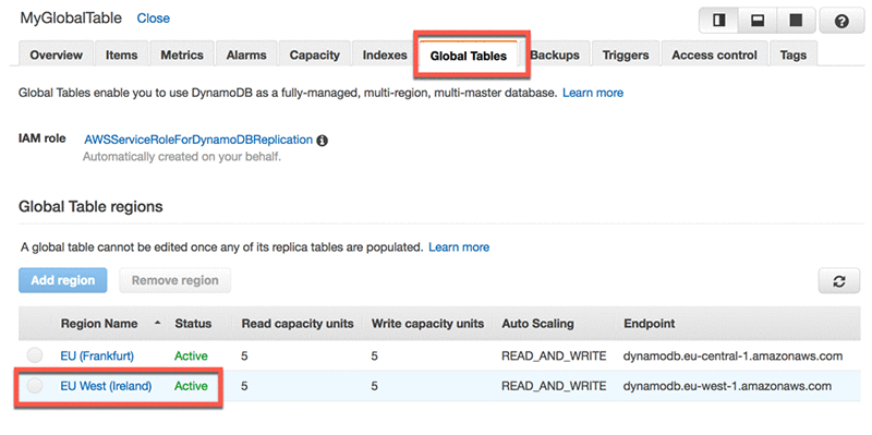 Choose the Global Tables tab and choose the second region: EU West (Ireland)