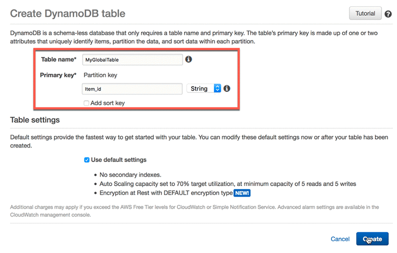 In the console, create a table called MyGlobalTable with item_id as the primary key and then choose Create
