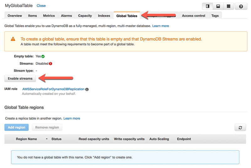 Choose the Global Tables tab from the AWS Management Console and then choose Enable streams