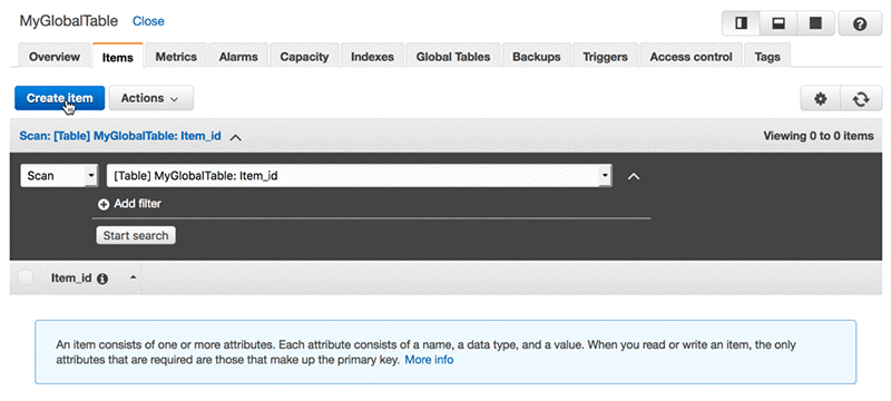 Choose the Items tab on the MyGlobalTable page and then choose Create Item