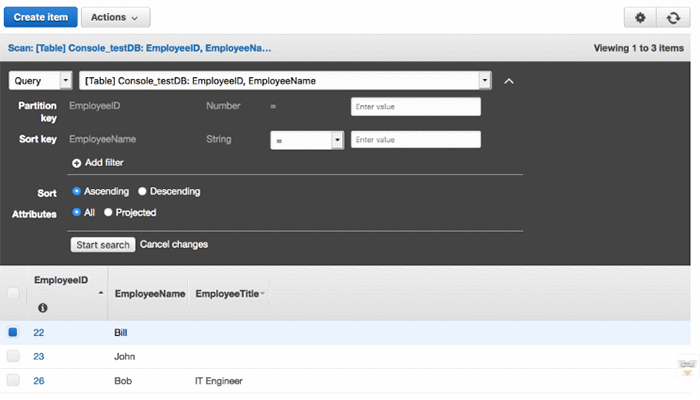 You now will see all the newly created items and attributes, and you can choose Actions to perform various operations on items, such as Duplicate, Edit, and Delete