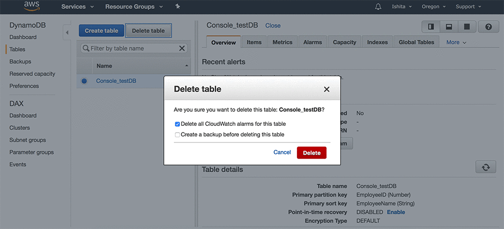 Choose Delete to complete the deletion of the table