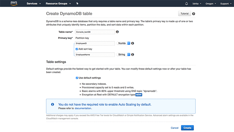 Adding a sort key when creating a DynamoDB table