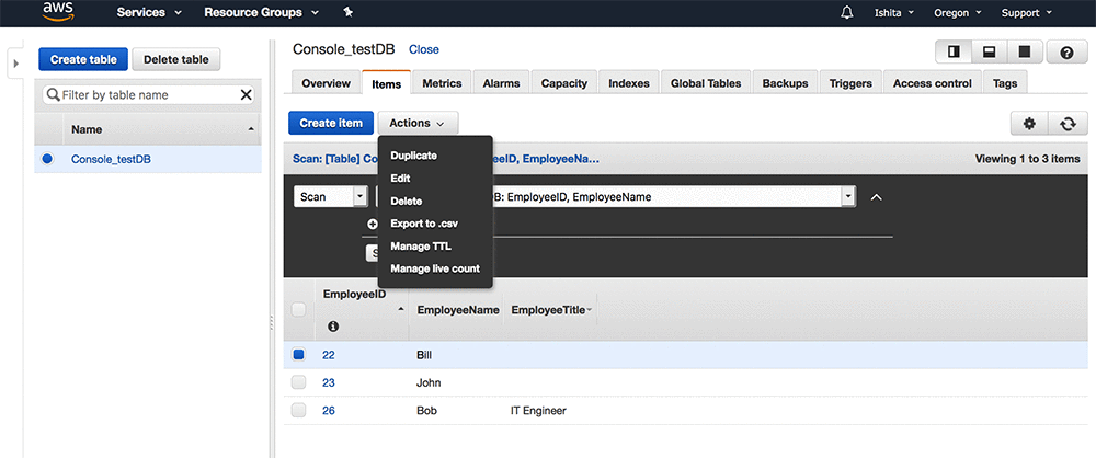 You now will see all the newly created items and attributes, and you can choose Actions to perform various operations on items, such as Duplicate, Edit, and Delete