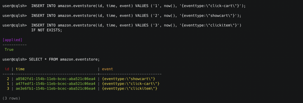 The following screenshot shows the output from running the preceding statements in a cqlsh session. 