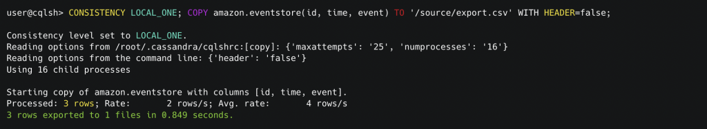 The following screenshot shows the output of the preceding command from the cqlsh session.