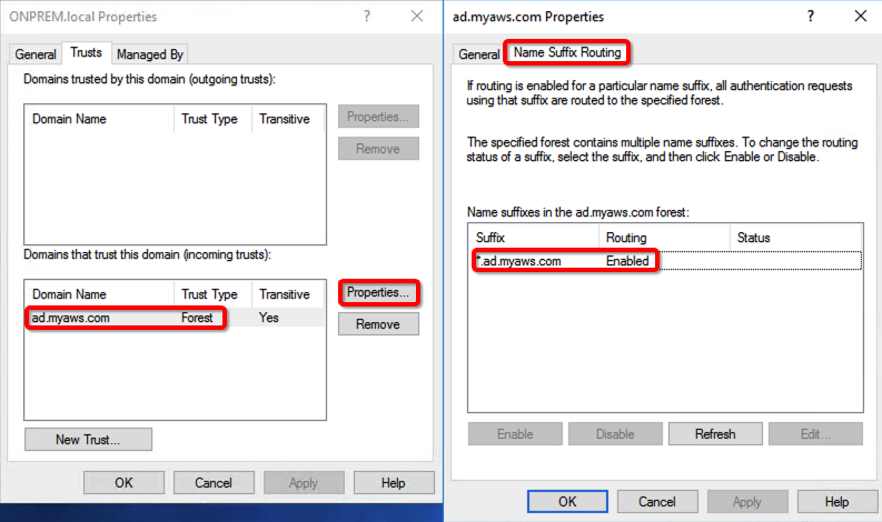 Make sure that the on-premises Microsoft AD domain name includes a name suffix routing that corresponds to the newly created trust relationship.