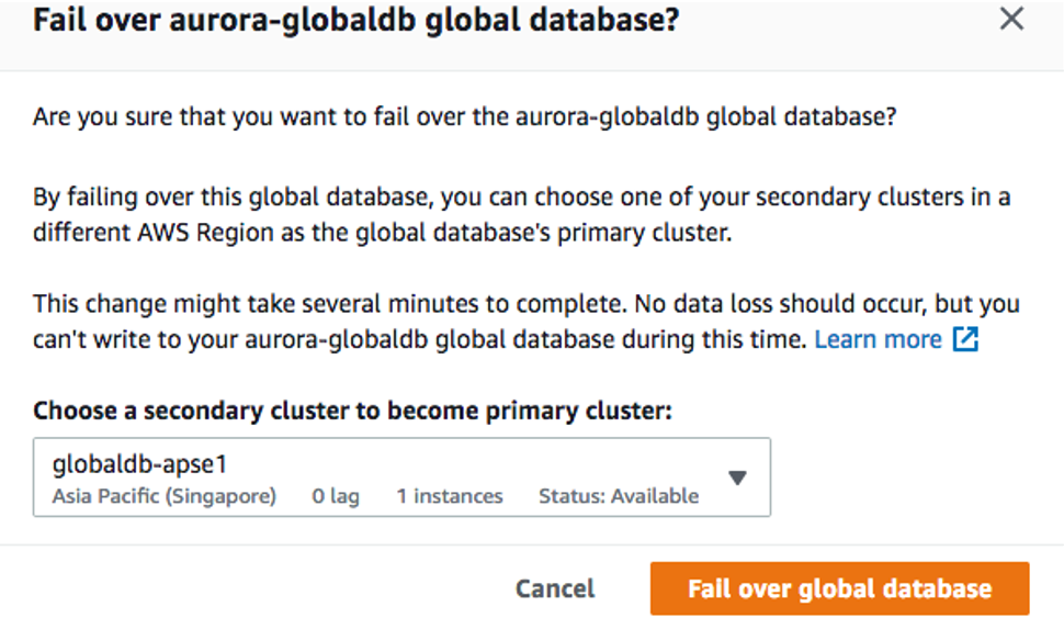 screenshot of the pop-up requesting confirmation to initiate the failover process