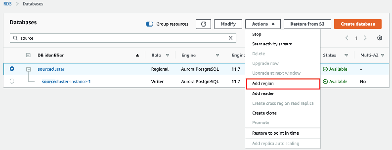 On the Actions drop-down menu, choose Add region.