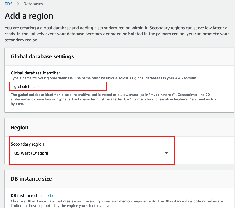 For secondary Region, choose your target Region