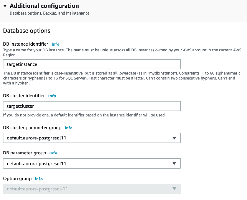 For the remaining settings on this page, use the same settings that you use to create an Aurora DB cluster.