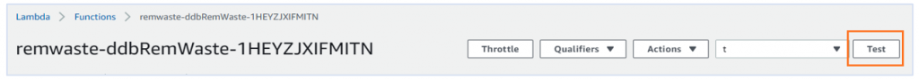Screenshot of a Lambda function console with a highlight to the "Test" button
