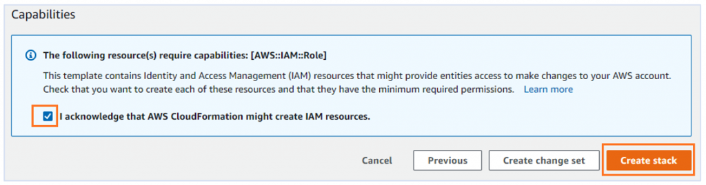 CloudFormation Console screenshot highlighting the acknowledgement checkbox and the "Create Stack" button