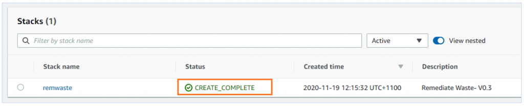 Screenshot of CloudFormation Console highlighting the Status of "Create Complete" for a stack named "remwaste"
