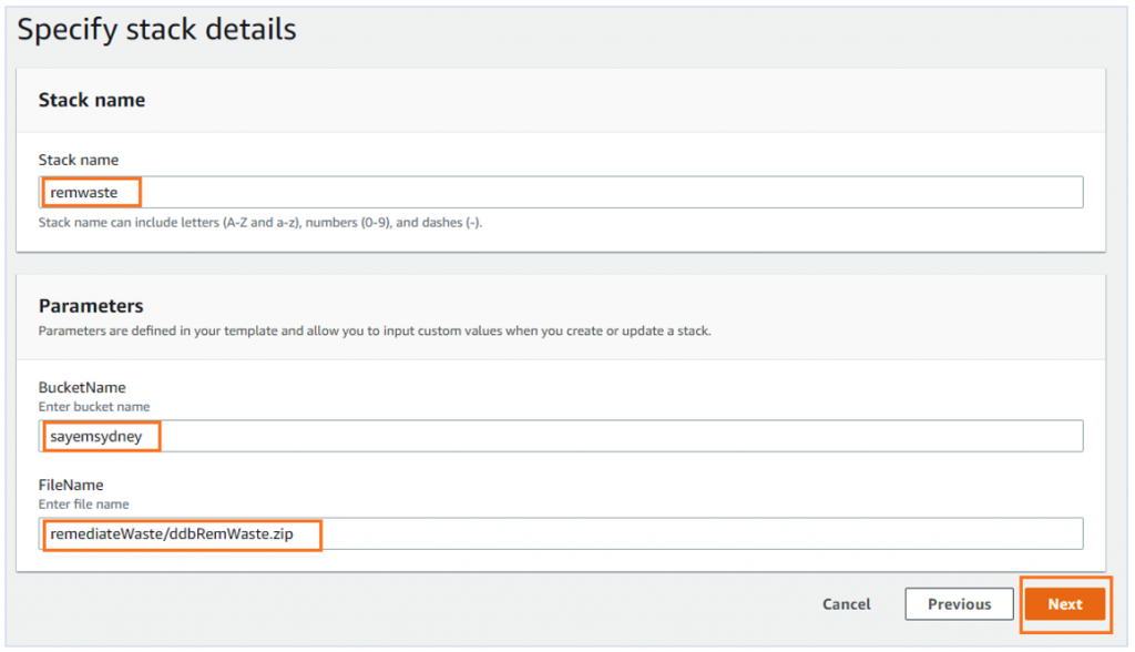 Screenshot of CloudFormation Console. It shows section "Specify Stack Details" with stack name as remwaste. It also shows the Parameters section with Bucket Name defined as sayemsydney and File Name as remediatewaste/ddbRemWaste.zip