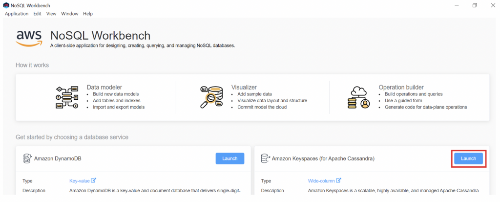 NoSQL Workbench screenshot with a highlight to the "Launch" button associated with Amazon Keyspaces for Apache Cassandra