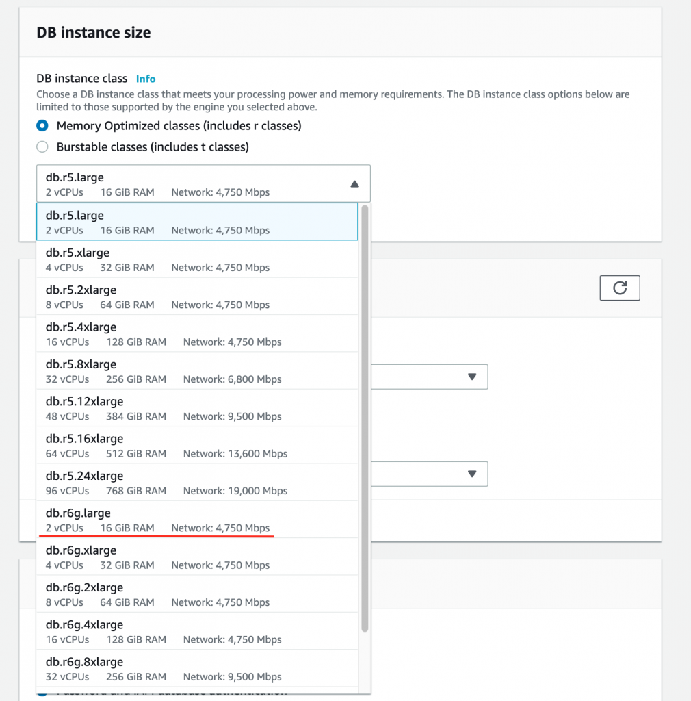 Screenshot of the DB instance size dropdown menu with instance type db.r6g.large highlighted