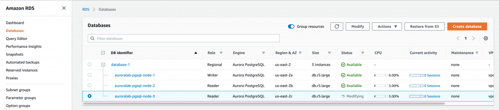 screenshot of Amazon RDS Console showing that instance auroralab-pgsql-node-3 'Status' is 'modifying'