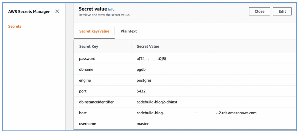 Screenshot of AWS Secrets Manager Console. Shows the stored secret information.