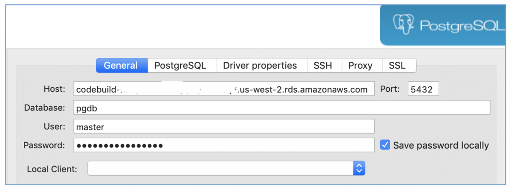 Screenshot of DBeaver connection configuration.