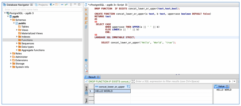 Screenshot of DBeaver showing the previous function and the output of a test execution.