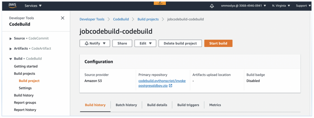 Screenshot of the CodeBuild Console showing the created project.