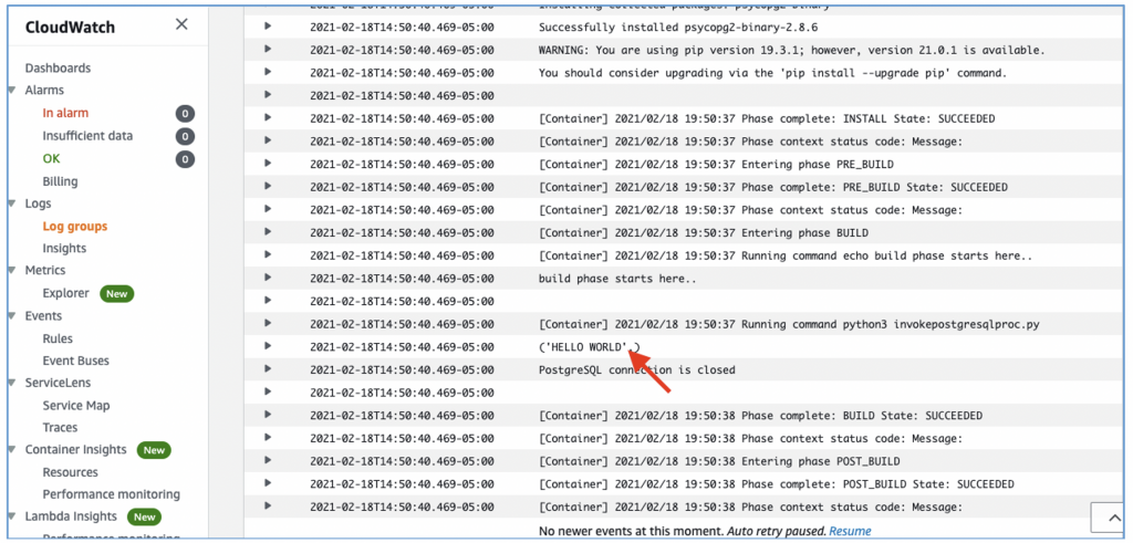 screenshot of Amazon CloudWatch logs highlighting the output "HELLO WORLD"
