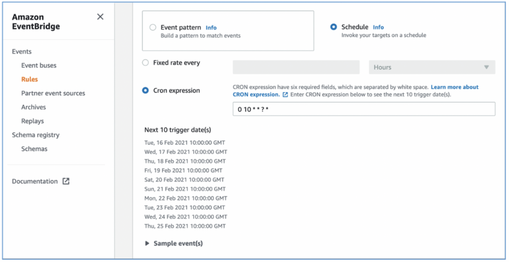 screenshot of Amazon EventBridge console showing the Cron expression.