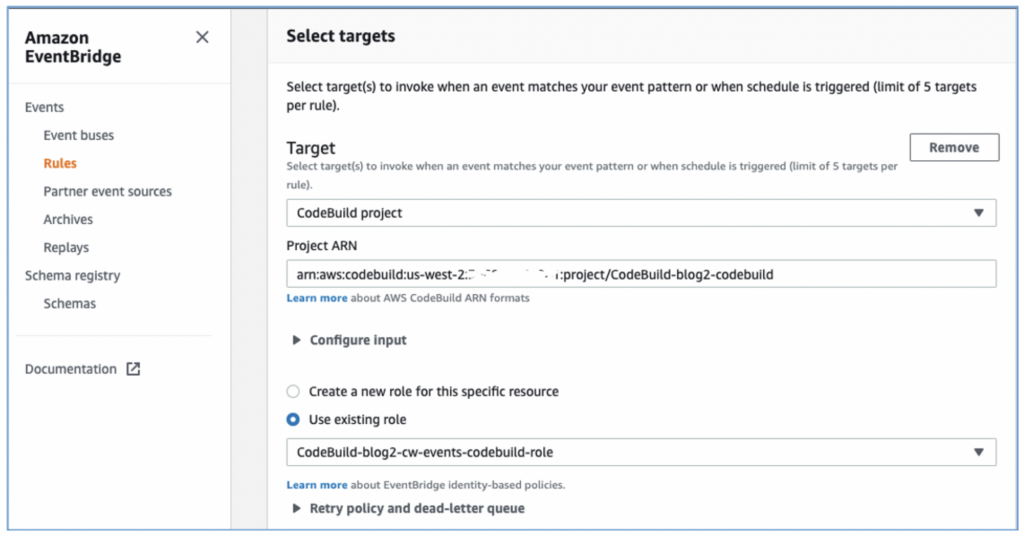 screenshot of Amazon EventBridge console showing the "Select targets" screen.