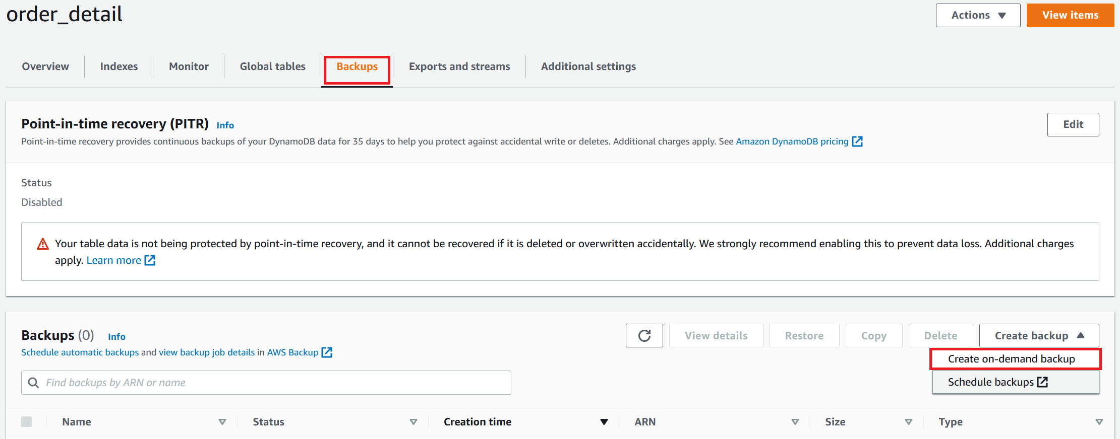 Figure 4: Create a new on-demand backup