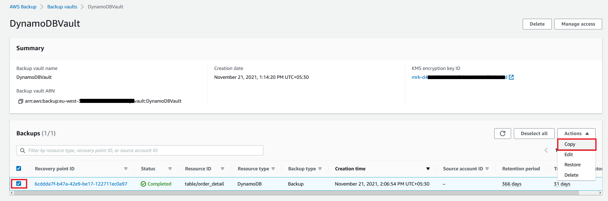 Figure 9: Copy the DynamoDB backup