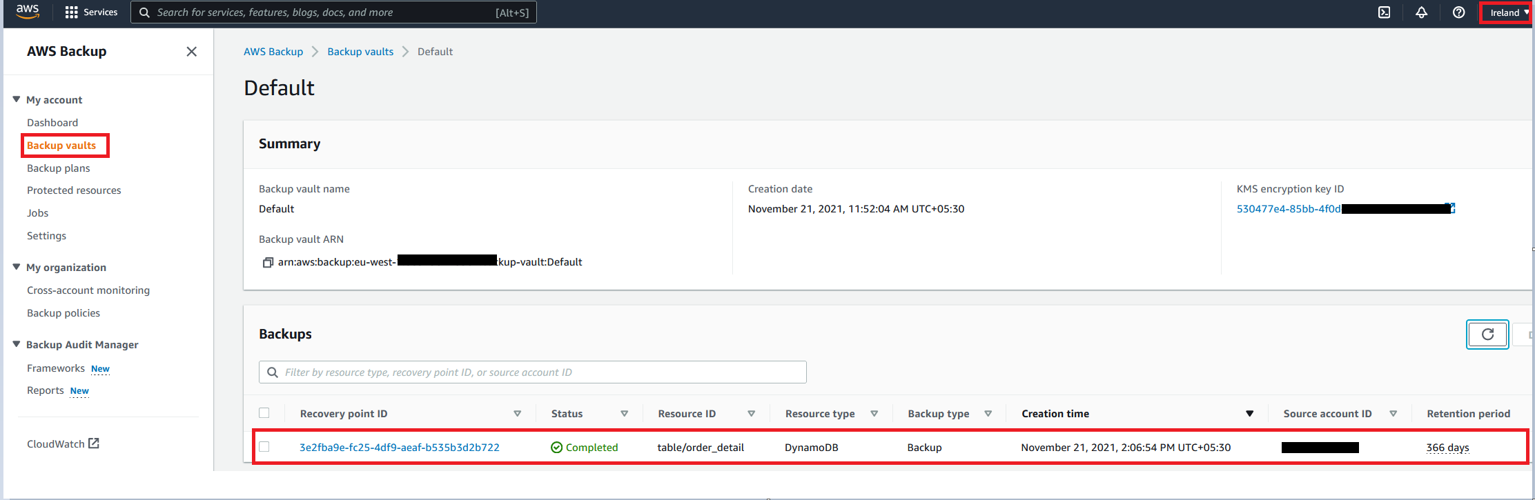 Figure 13: Check destination Region to verify that the backup copy is completed