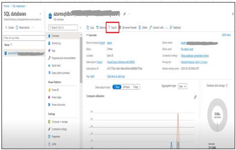 Figure 1: Highlights the Export utility in Azure Portal