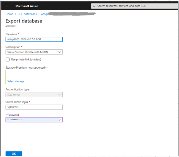 Figure 2: Export database wizard in Azure Portal