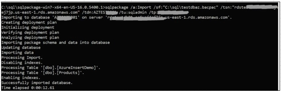 Figure 6: SQLPackage.exe sample execution