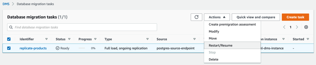 Instructions to start the DMS replication task