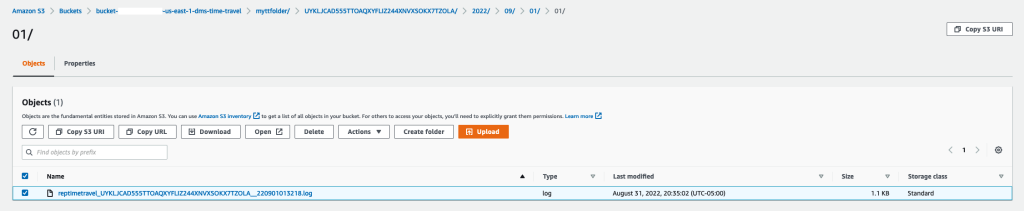 Sample time travel log created in the S3 bucket