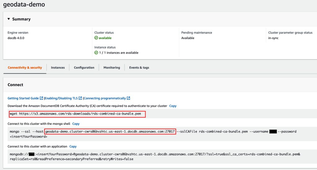 Amazon DocumentDB connection endpoint and SSL certificate
