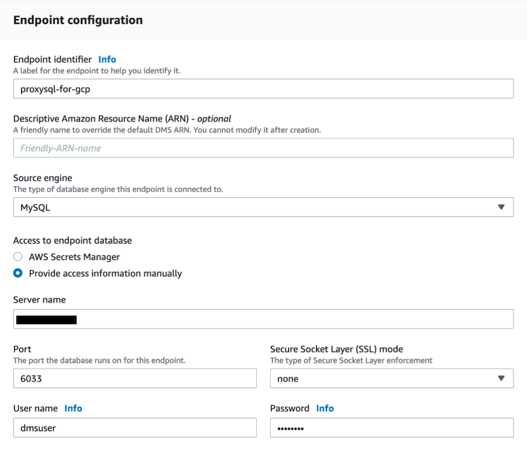 DMS 上的 ProxySQL 端点配置