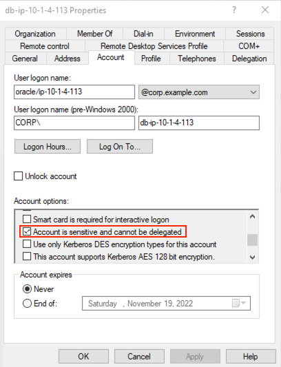 Change the account setting for the service account
