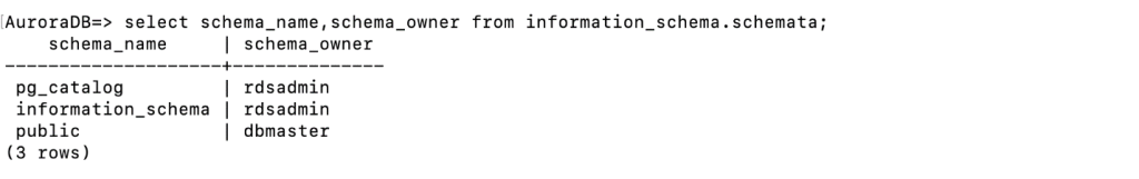 Output of schema query from target database