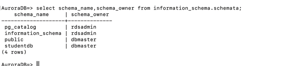 Target database showing studentdb schema created after DMS Full-load completion
