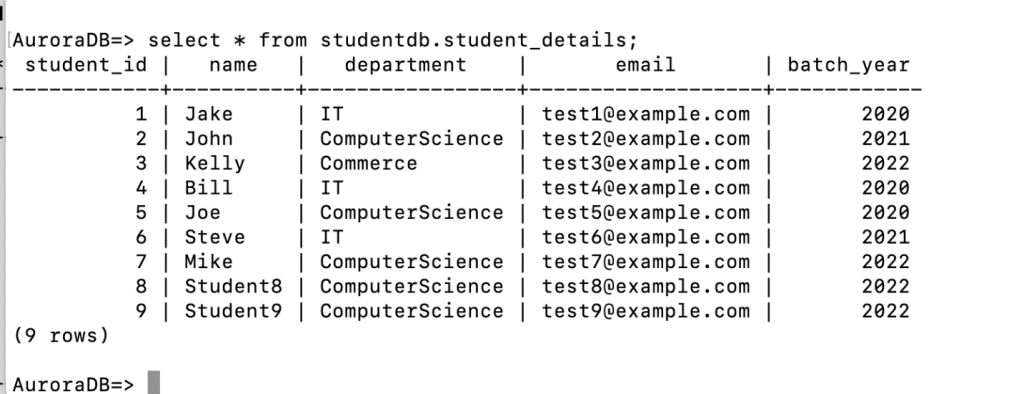 Postgres database showing CDC records