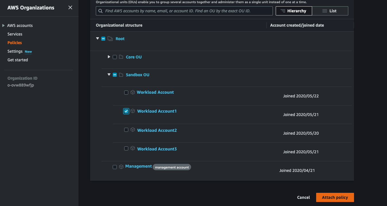 Figure 2: Attach a policy to an account