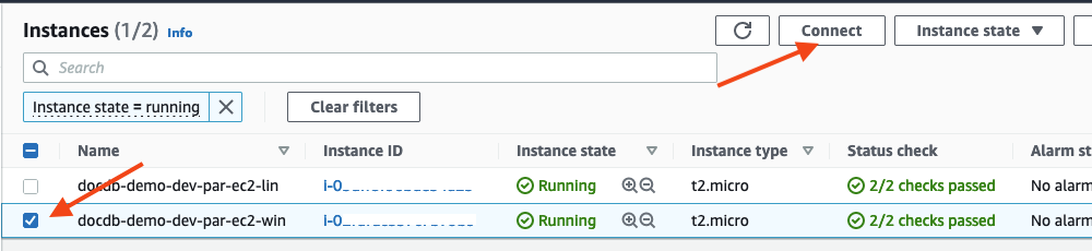 Select the instance you want to connect to